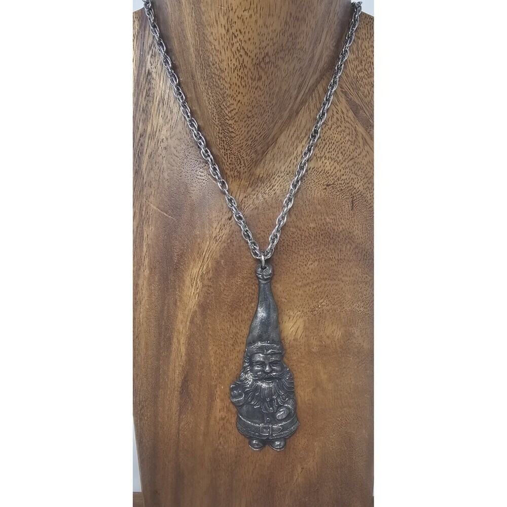 Vintage 1972 International Silver Co. Silver Plated Gnome Santa Necklace Pendant